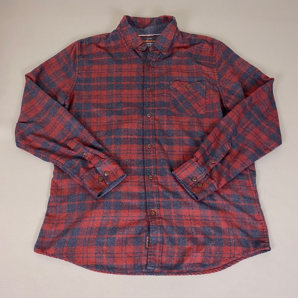 Weatherproof Vintage Flannel Shirt Men's Size XL Red Navy Blue Plaid Button Up